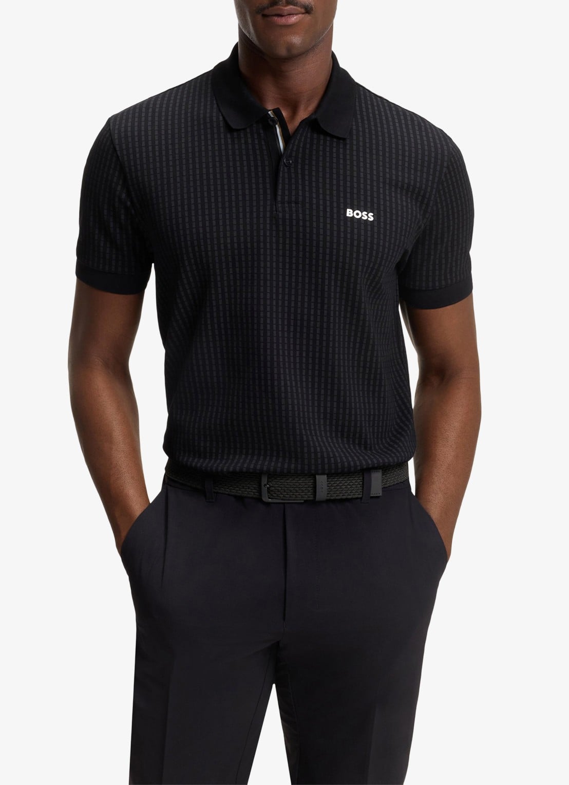 BOSS Riem met leren details - voorkant 2 zwart
