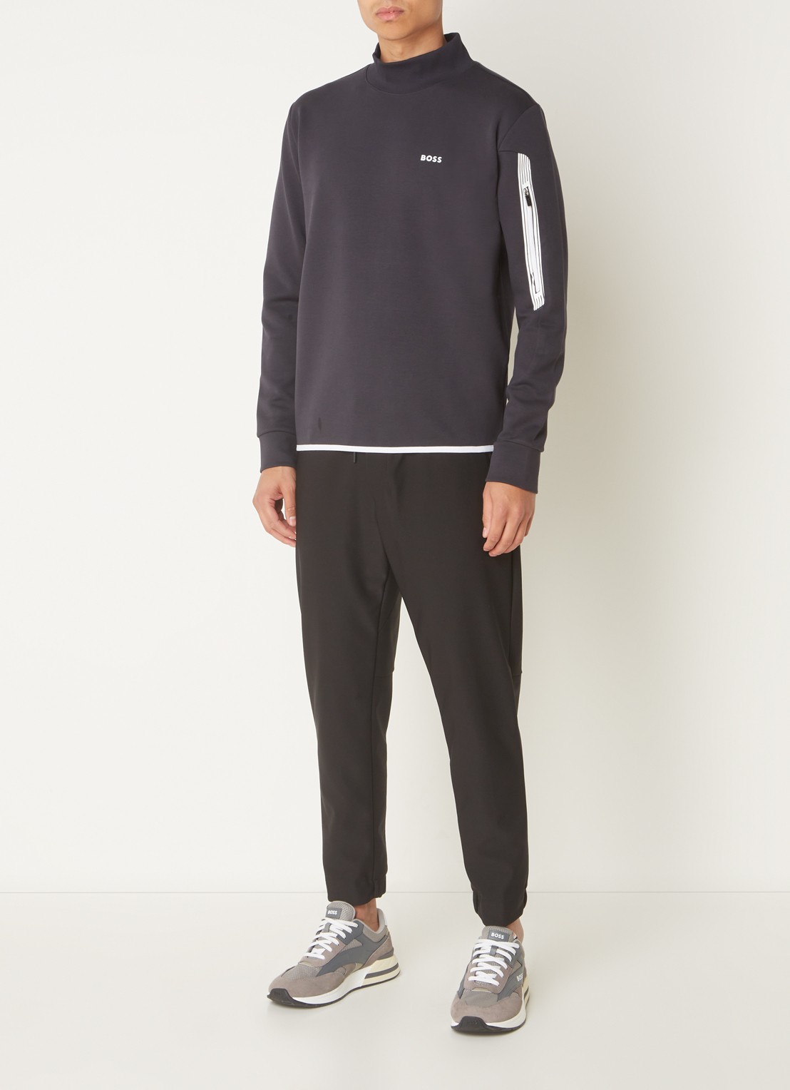 BOSS Salbock sweater met logo en col - voorkant 2 donkerblauw