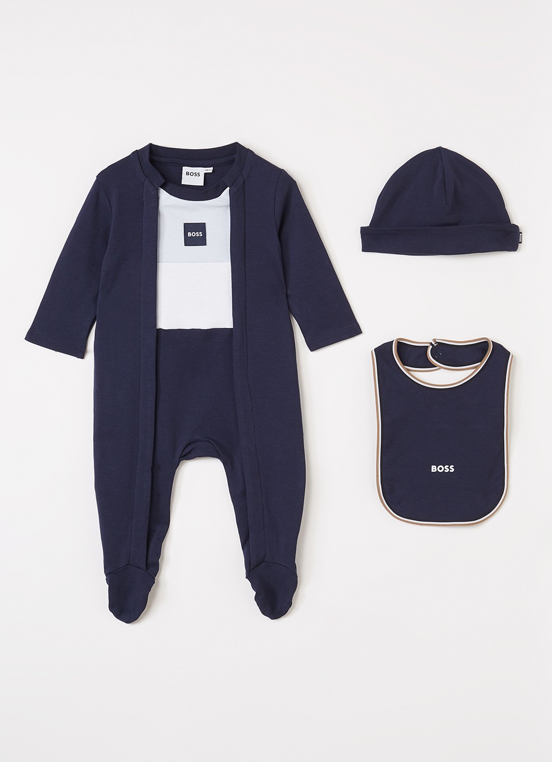 BOSS Set van babypak met muts en slab in giftbox 3-delig - voorkant donkerblauw