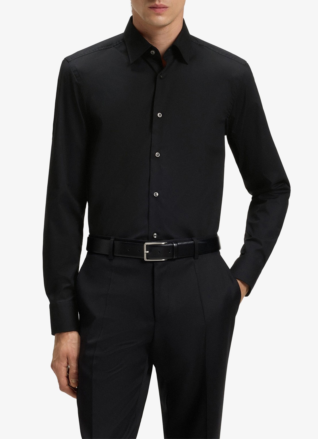 BOSS Slim-fit overhemd in gemakkelijk te strijken katoenen popeline met stretch - detail 4 black-001 / zwart