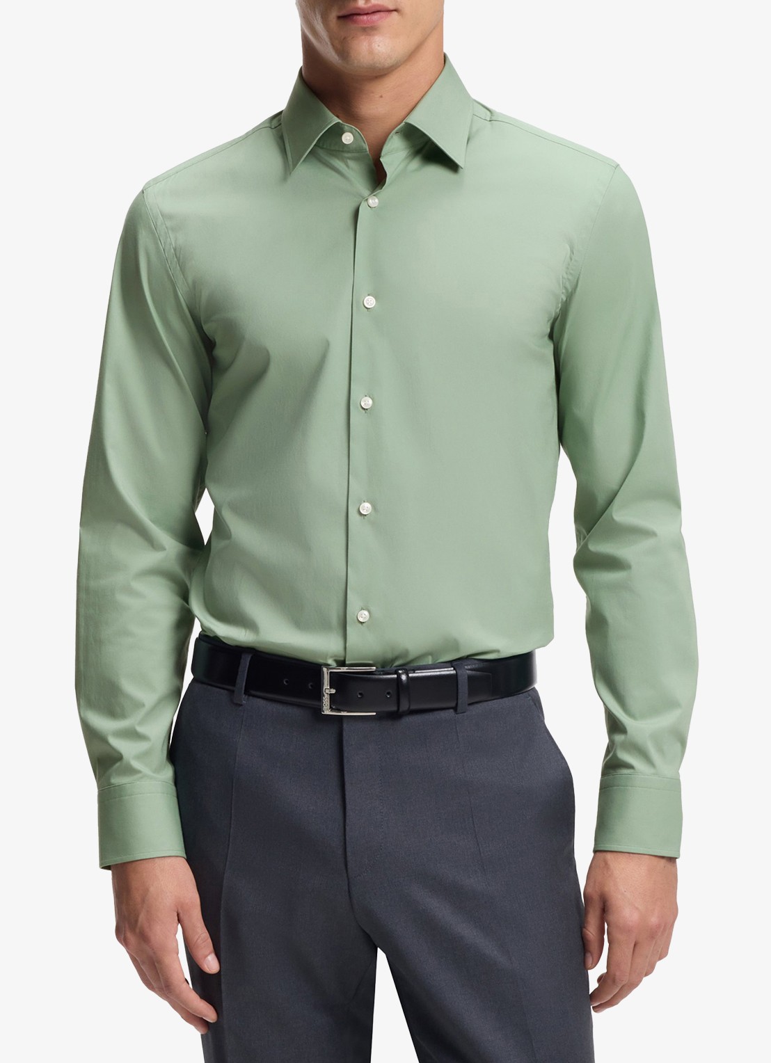 BOSS Slim-fit overhemd in gemakkelijk te strijken katoenen popeline met stretch - detail 4 open green-373 / groen
