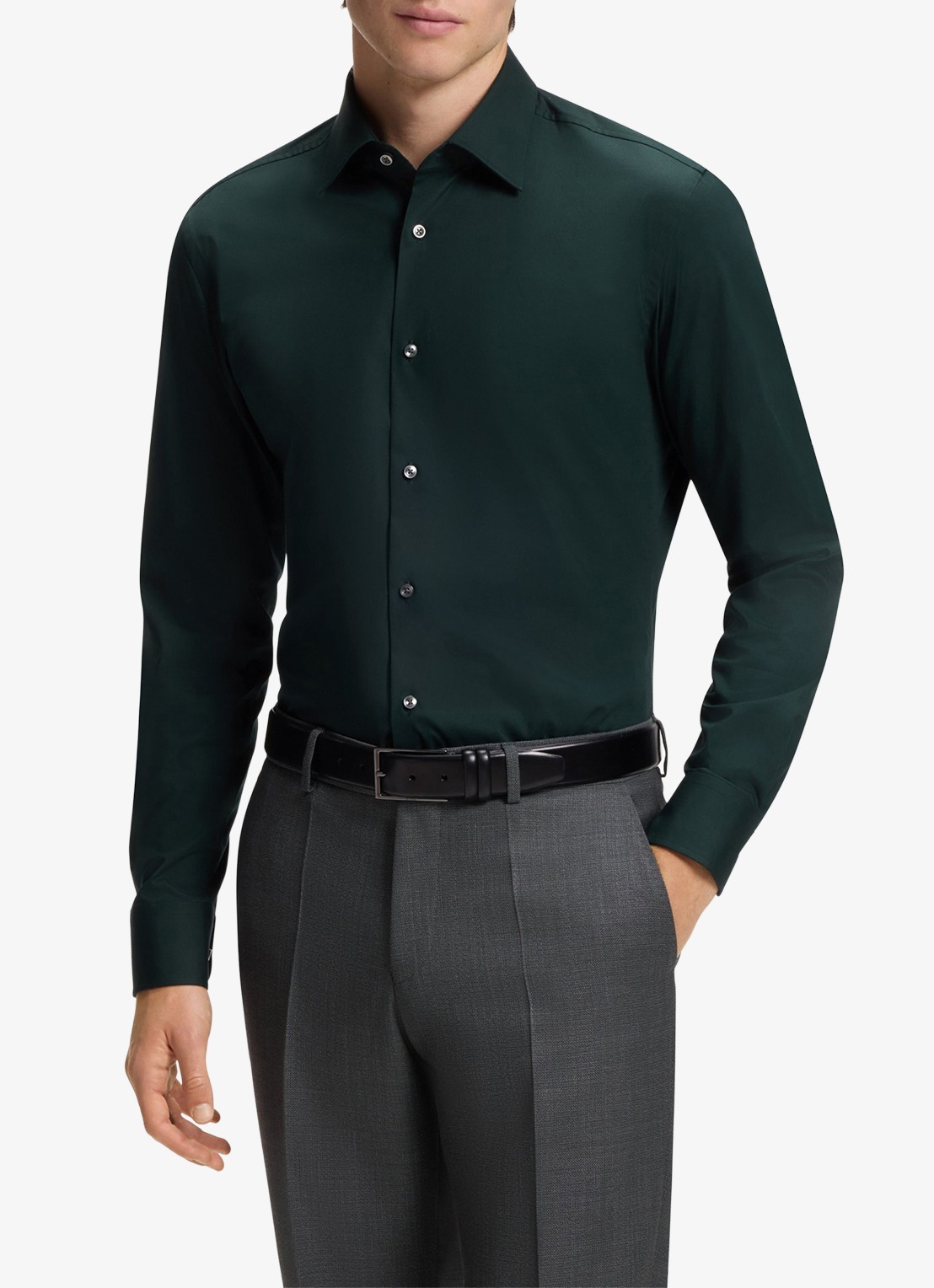 BOSS Slim-fit overhemd in gemakkelijk te strijken katoenen popeline met stretch - detail open green-350 / groen