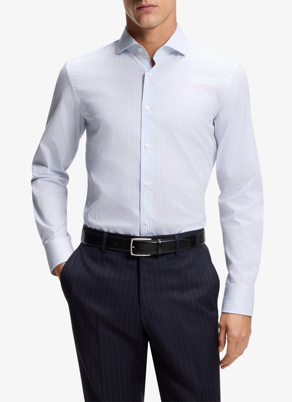 BOSS Slim fit overhemd met streepprint  - detail 3 lichtblauw