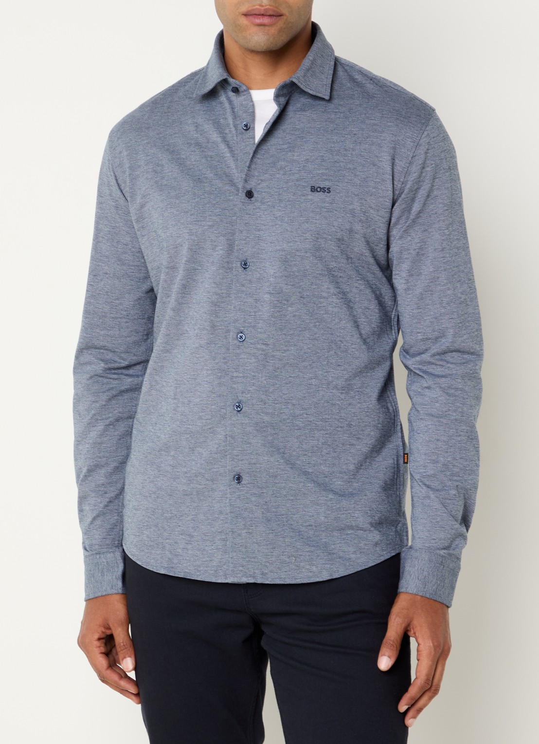 BOSS Slim-fit overhemd van gemêleerde katoenen jersey - detail 4 blauw