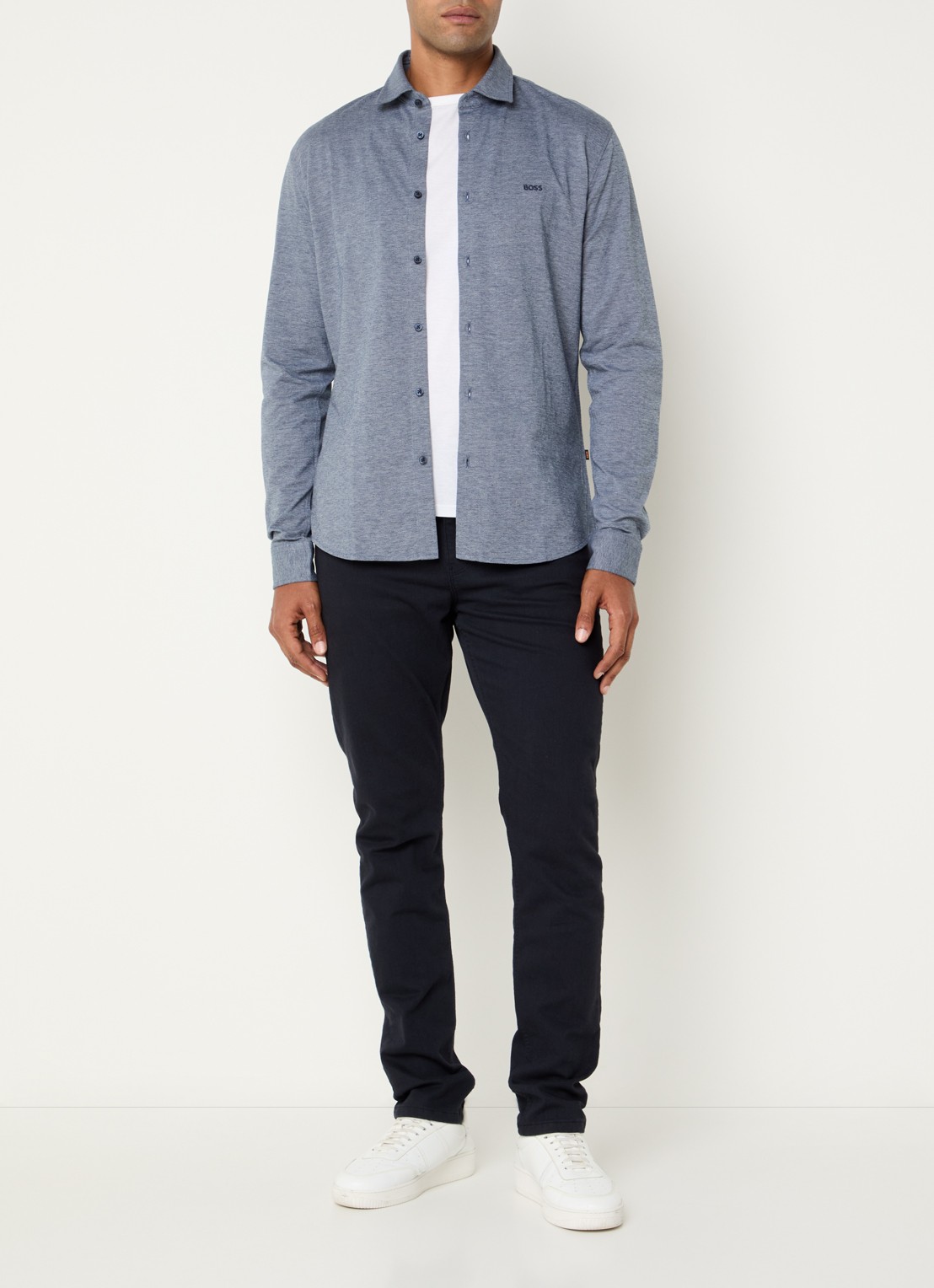 BOSS Slim-fit overhemd van gemêleerde katoenen jersey - voorkant 3 blauw