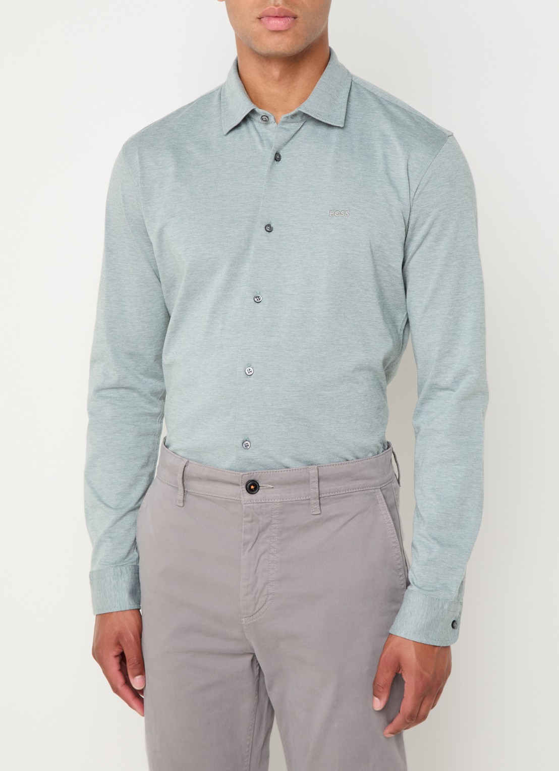 BOSS Slim-fit overhemd van gemêleerde katoenen jersey - detail 3 mint