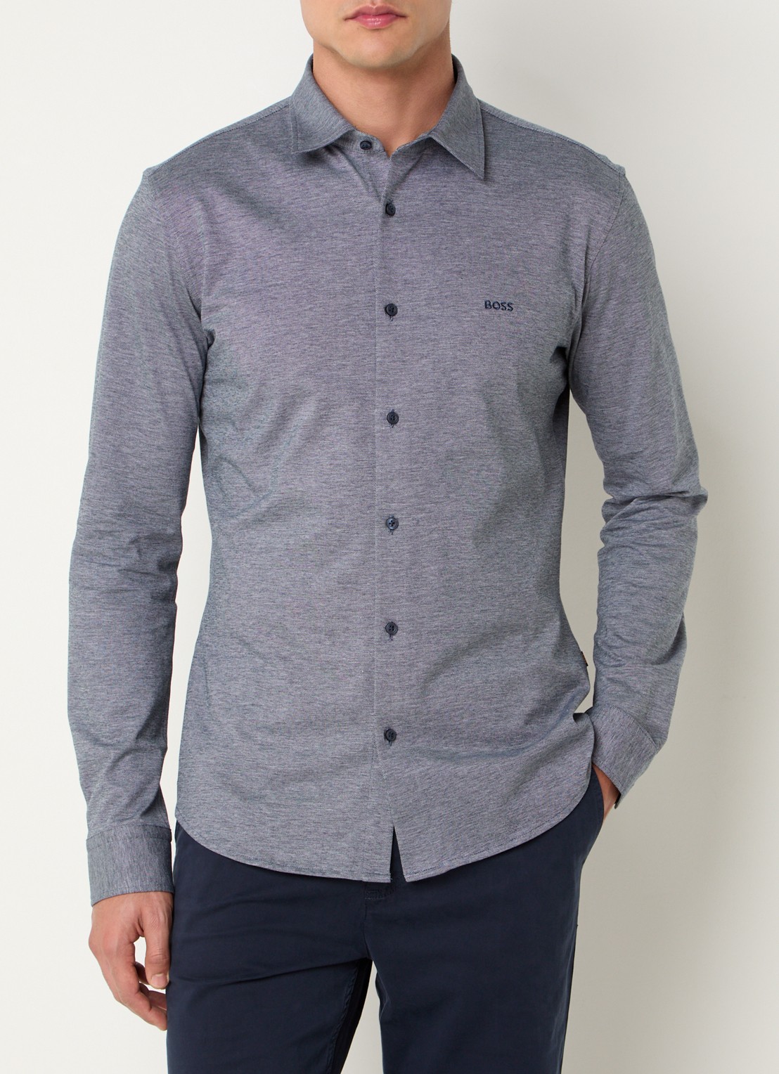BOSS Slim-fit overhemd van gemêleerde katoenen jersey - detail 4 donkerblauw