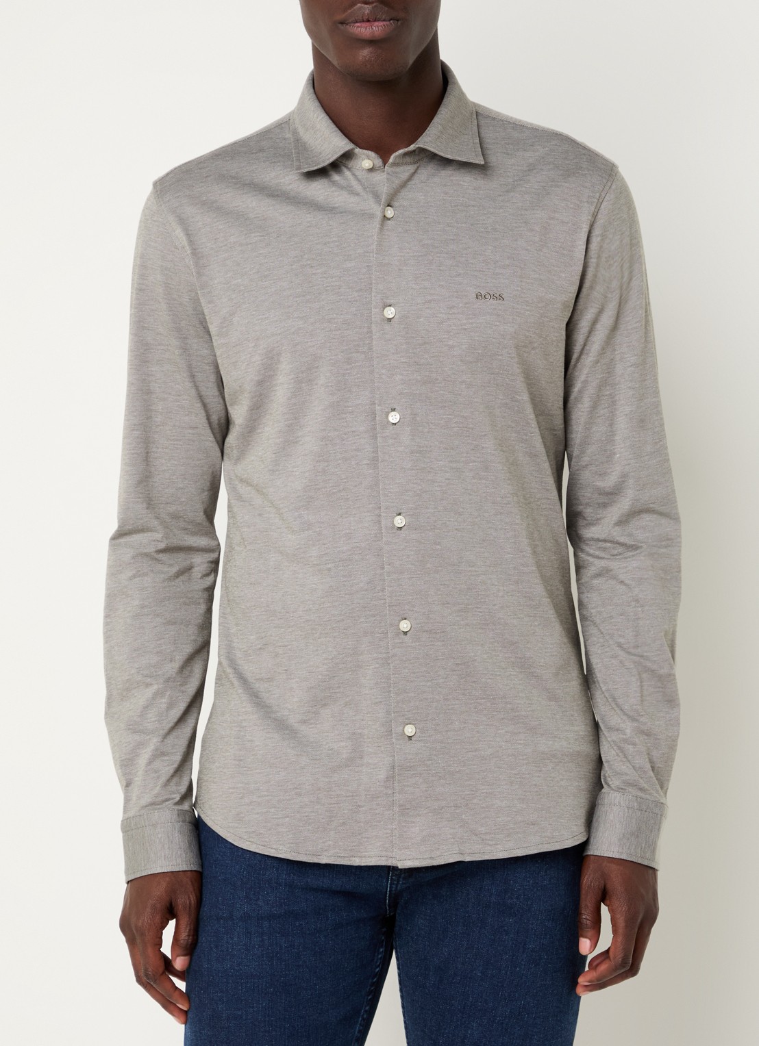 BOSS Slim-fit overhemd van gemêleerde katoenen jersey - detail olijfgroen