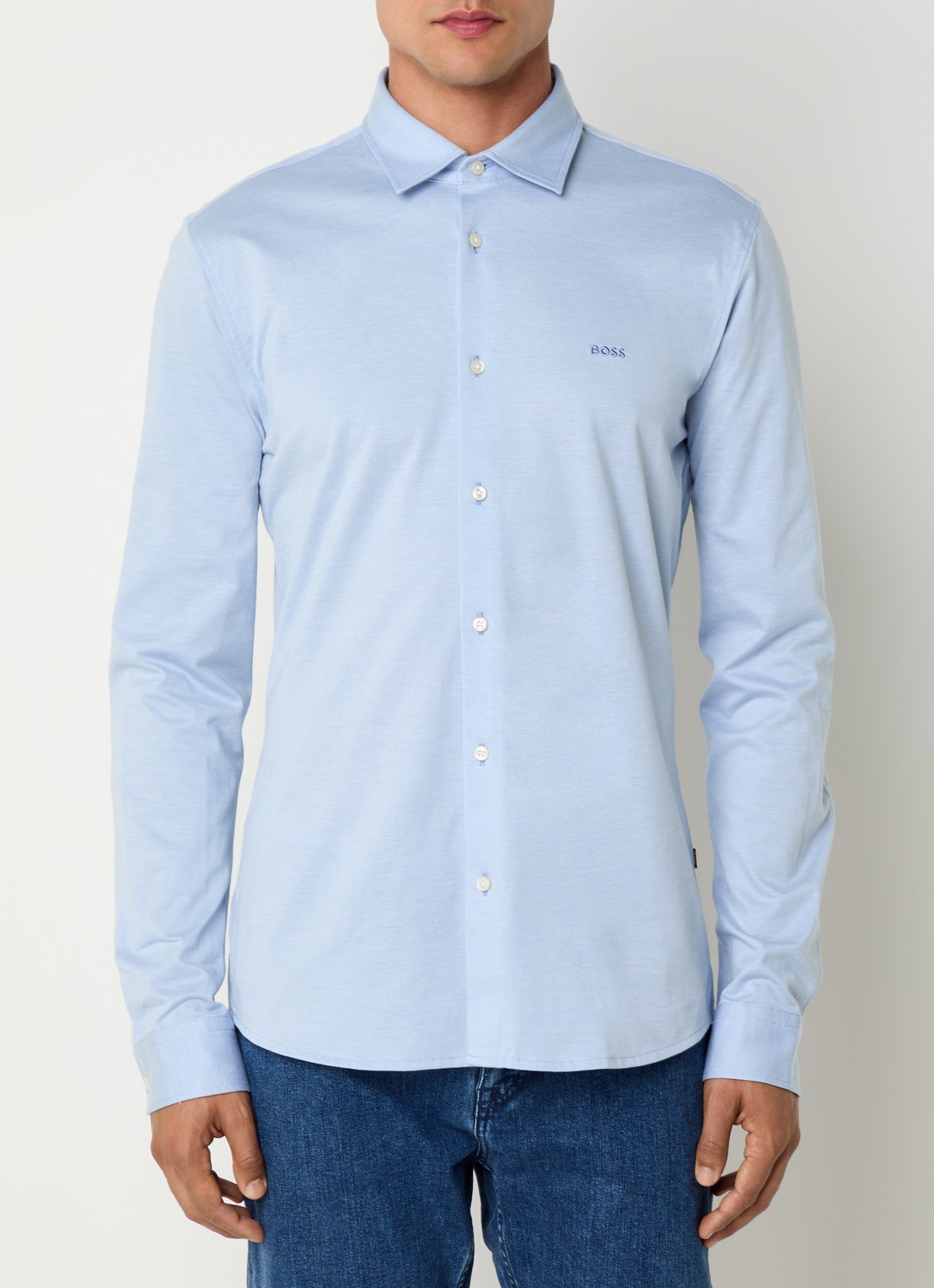 BOSS Slim-fit overhemd van gemêleerde katoenen jersey - detail staalblauw