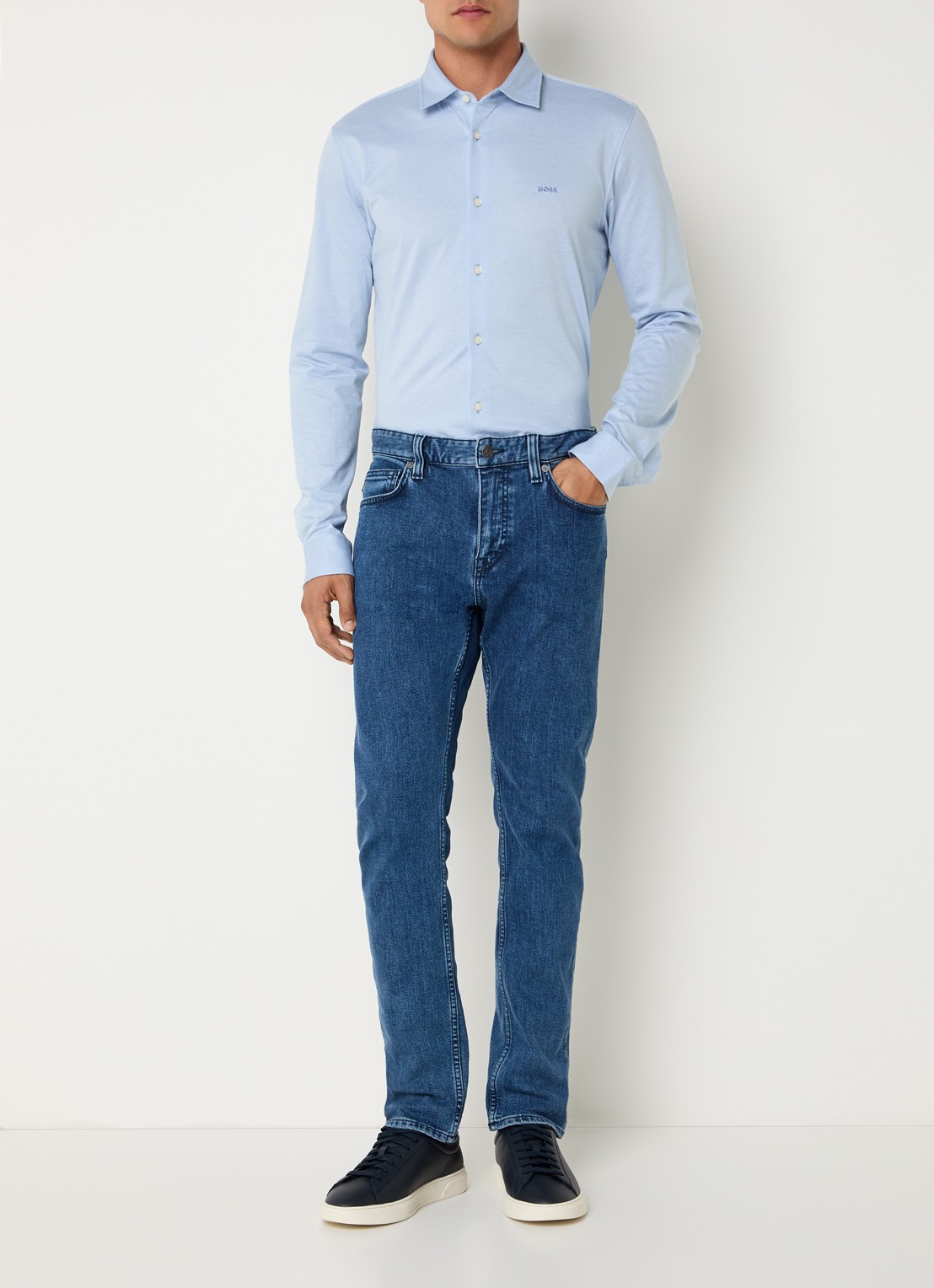 BOSS Slim-fit overhemd van gemêleerde katoenen jersey - voorkant 5 staalblauw