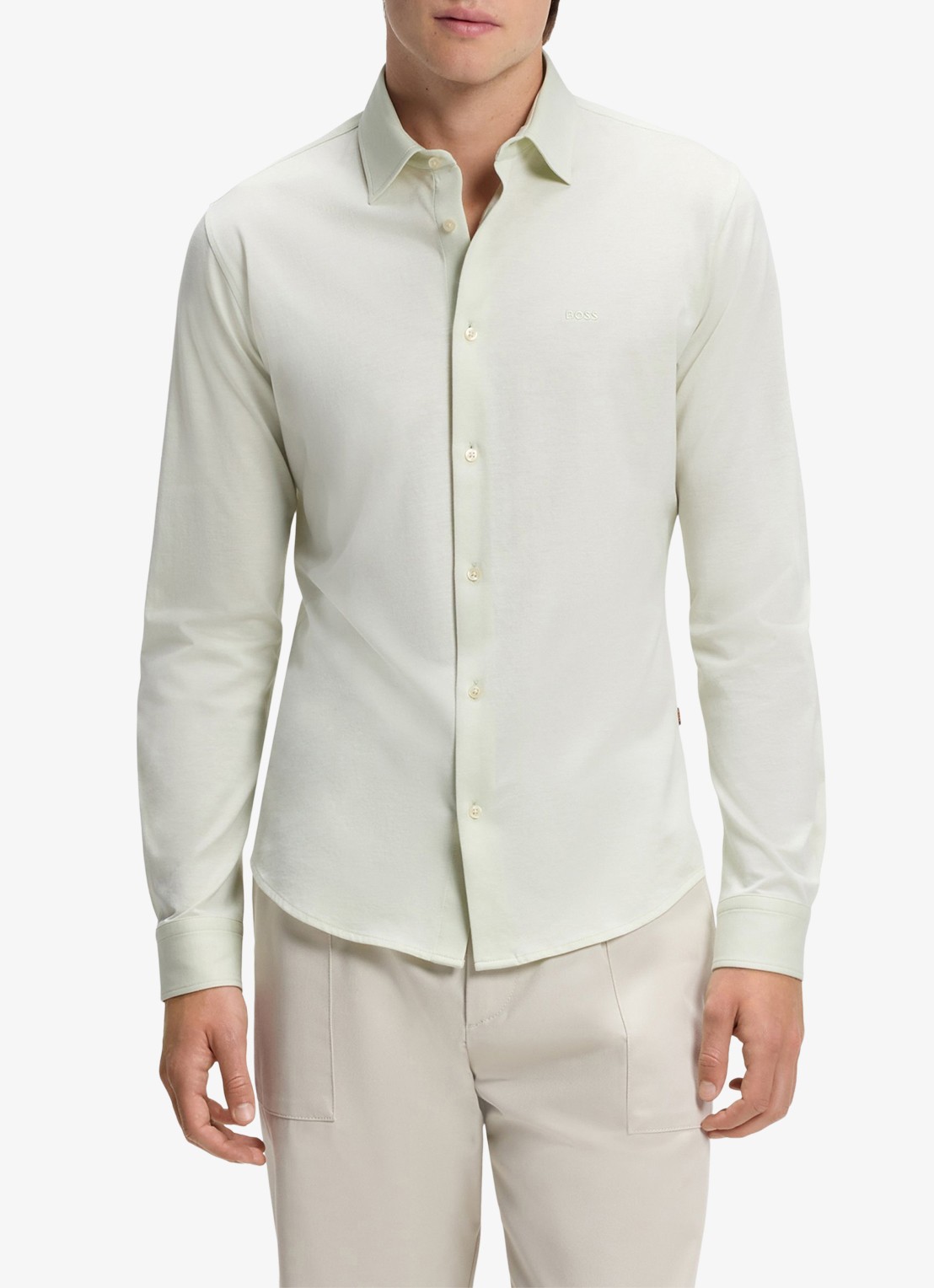 BOSS Slim-fit overhemd van gemêleerde katoenen jersey - detail 2 lichtgroen