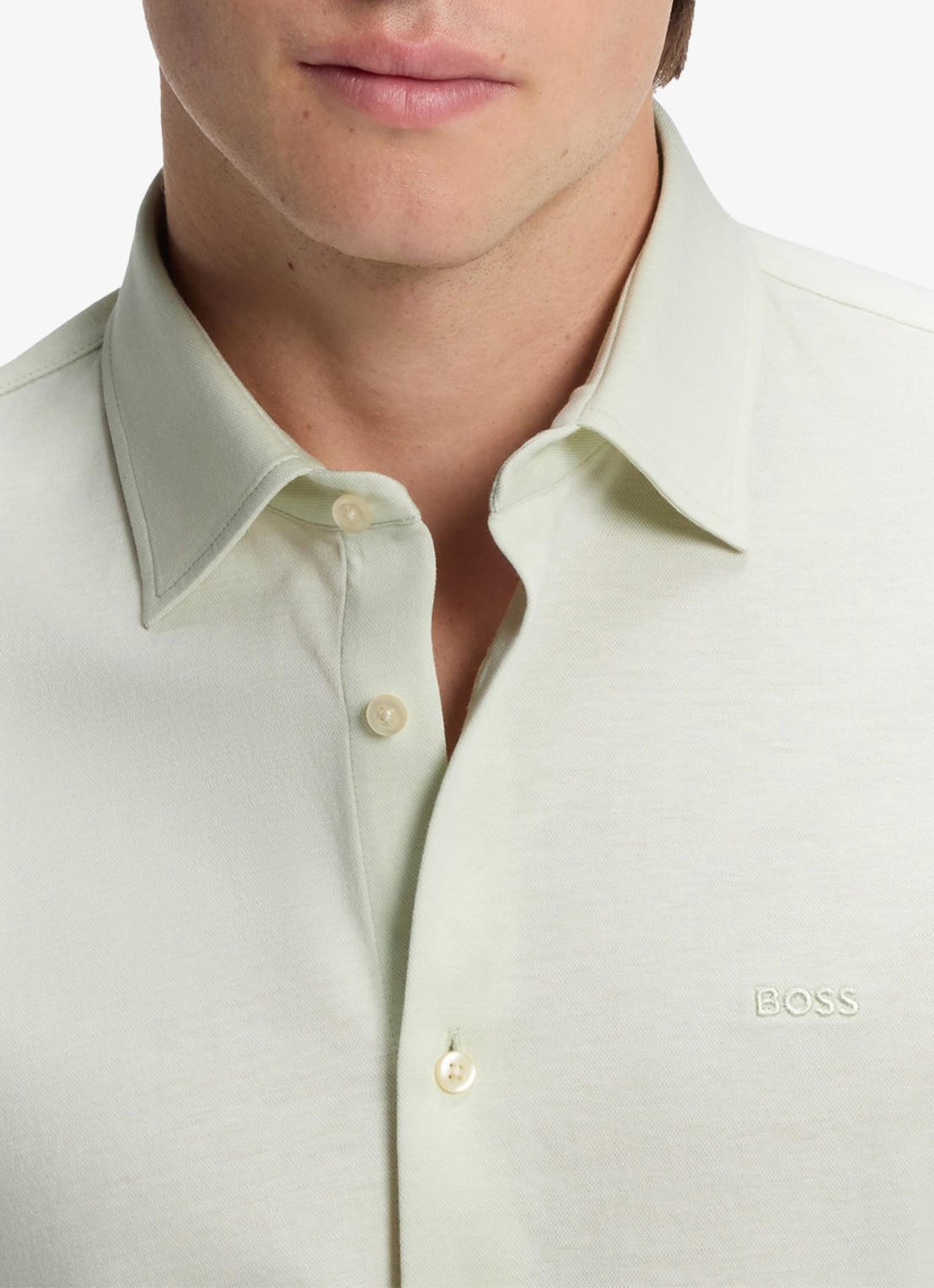 BOSS Slim-fit overhemd van gemêleerde katoenen jersey - detail 3 lichtgroen