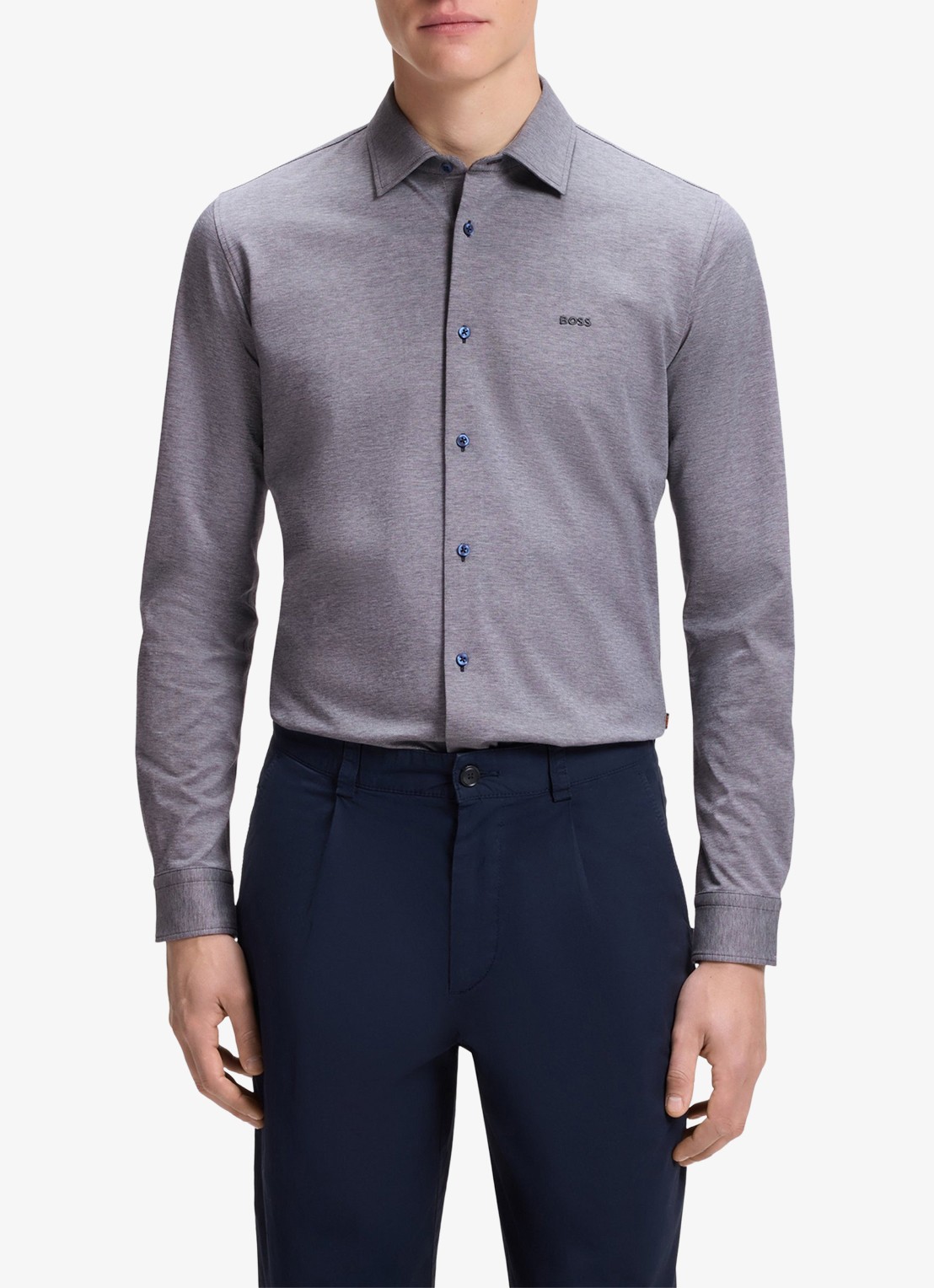 BOSS Slim-fit overhemd van gemêleerde katoenen jersey - detail 4 donkerblauw 406