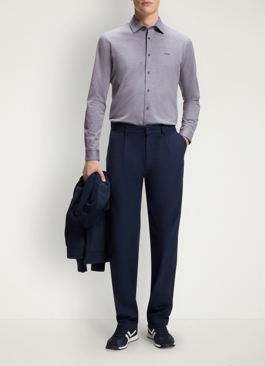 BOSS Slim-fit overhemd van gemêleerde katoenen jersey - voorkant 3 donkerblauw 406