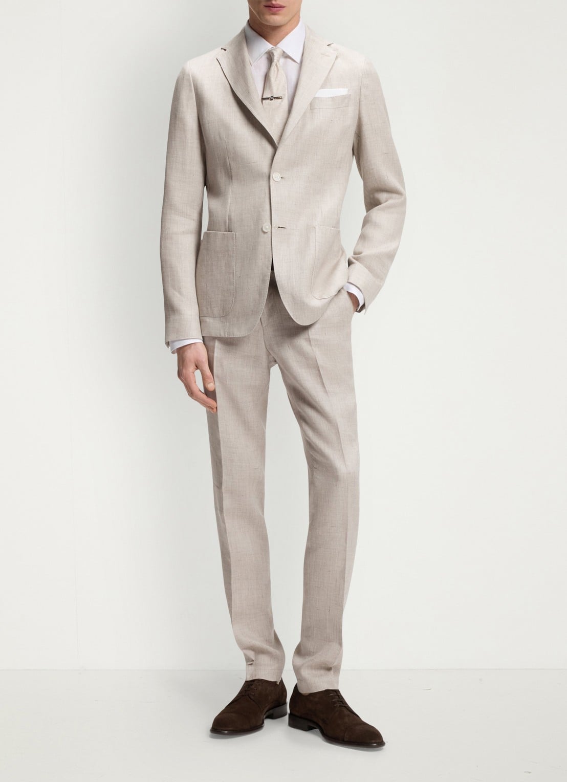 BOSS Slim fit pantalon in linnenblend met persplooi en steekzakken - voorkant 3 open grey-068 / grijs