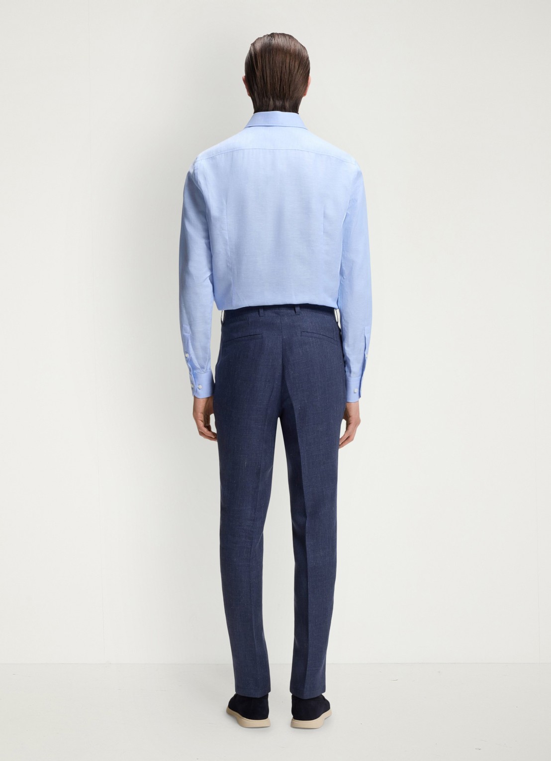 BOSS Slim fit pantalon in linnenblend met persplooi en steekzakken - achterkant 4 open blue-466 / blauw