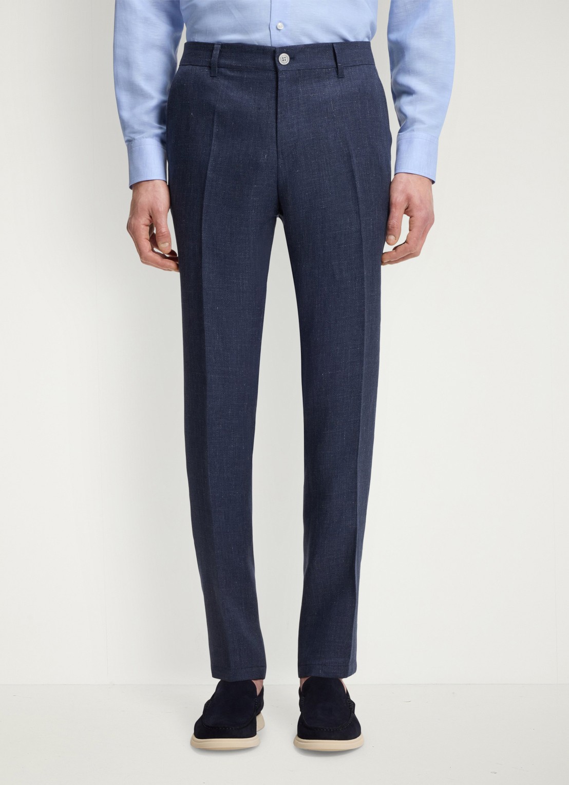 BOSS Slim fit pantalon in linnenblend met persplooi en steekzakken - detail open blue-466 / blauw