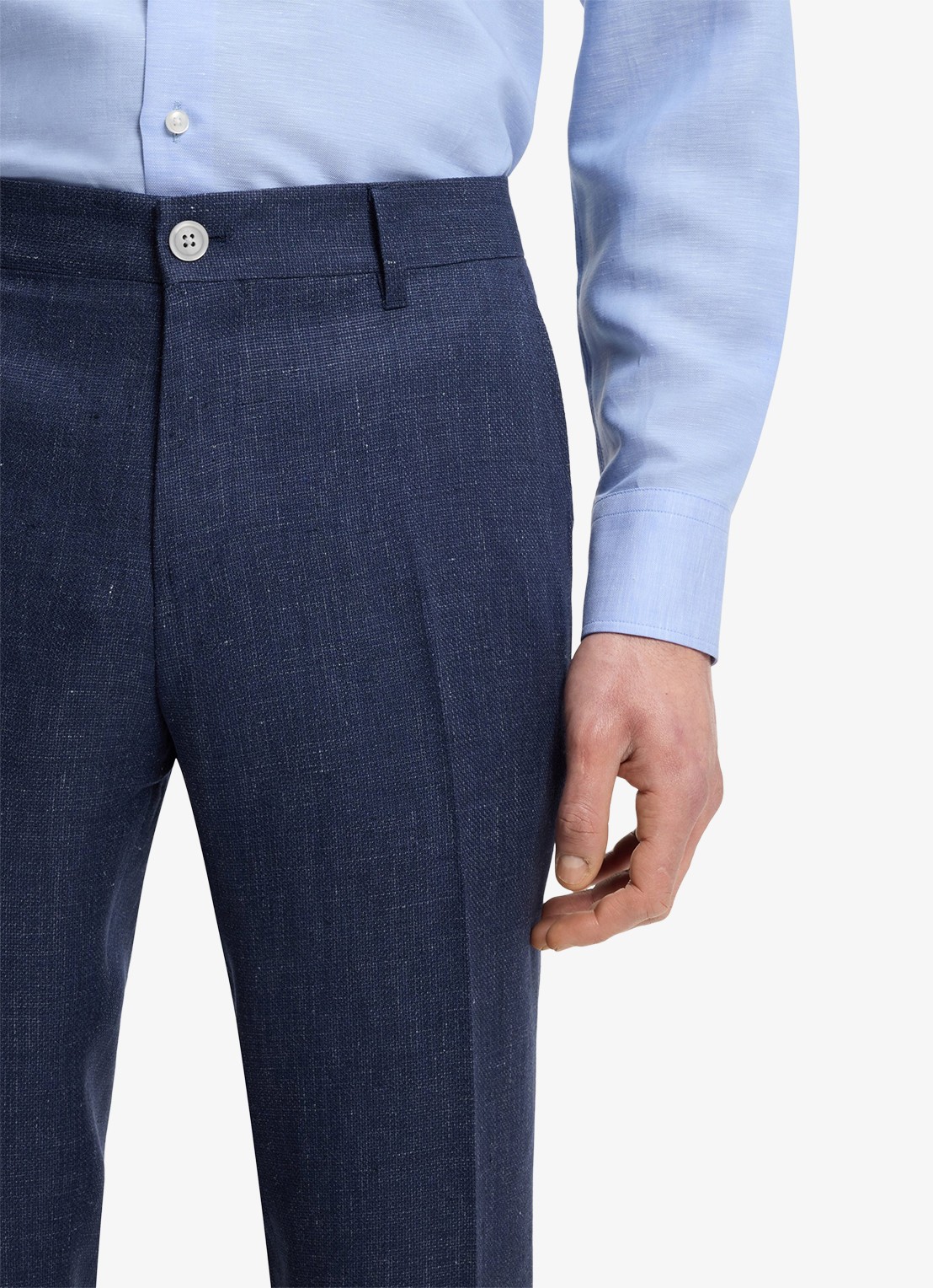 BOSS Slim fit pantalon in linnenblend met persplooi en steekzakken - detail 2 open blue-466 / blauw