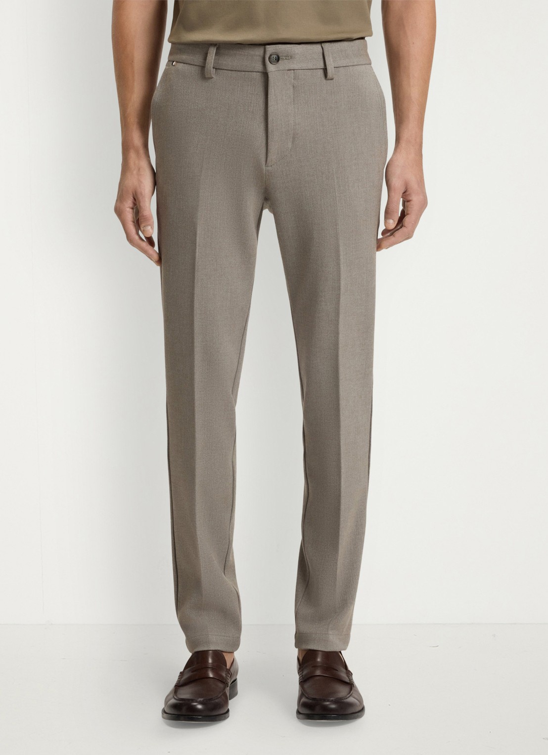 BOSS Slim fit pantalon met visgraatdessin - detail lichtbruin