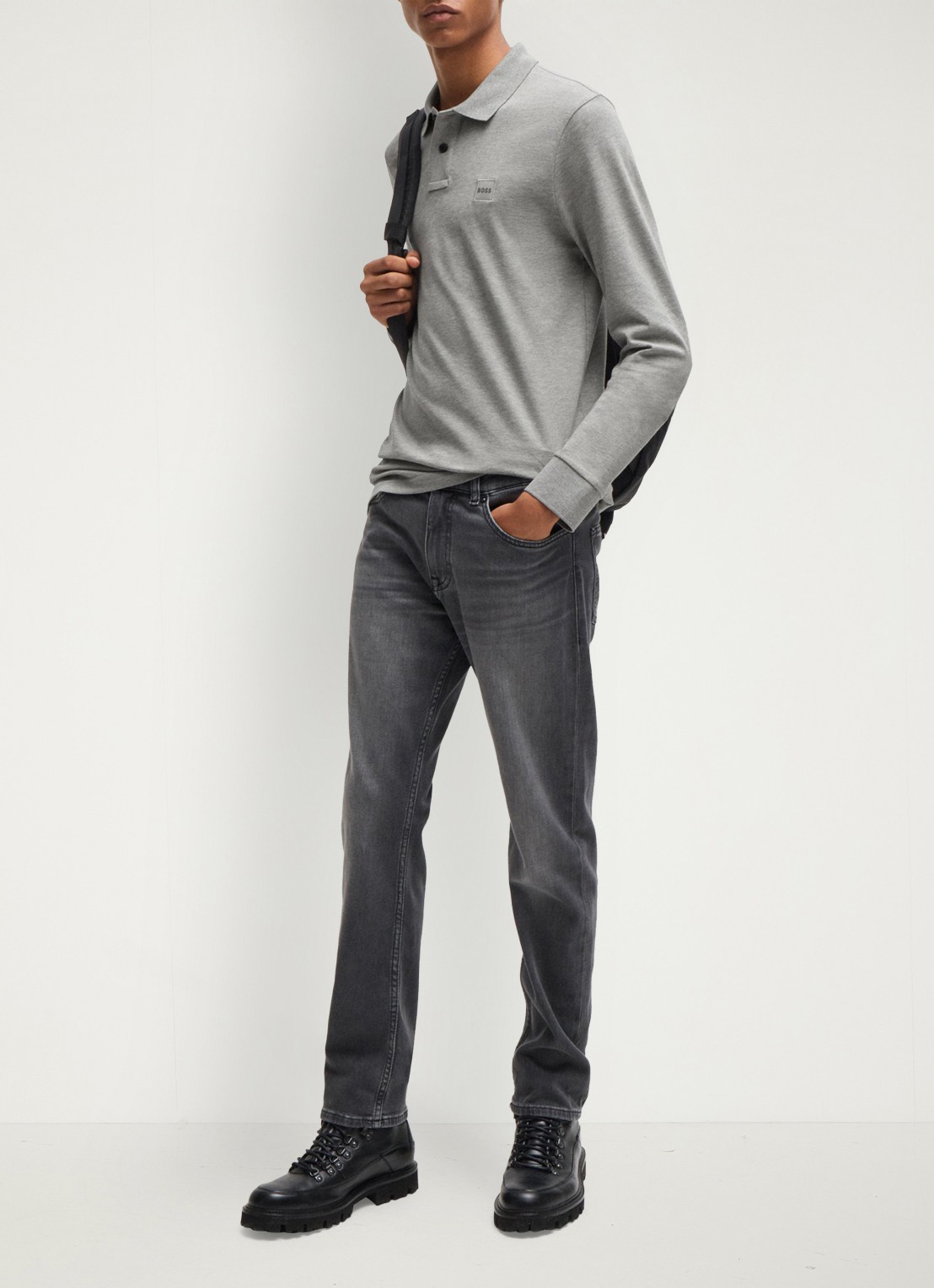 BOSS Slim fit polo van katoen - voorkant 3 grijsmele