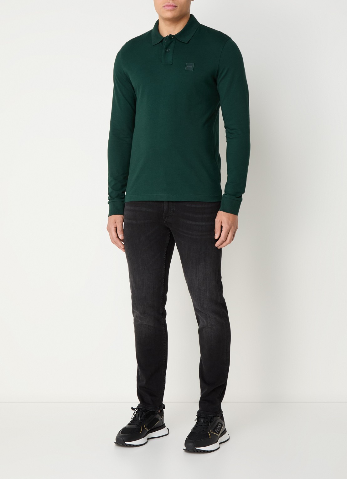BOSS Slim fit polo van katoen - voorkant 2 donkergroen