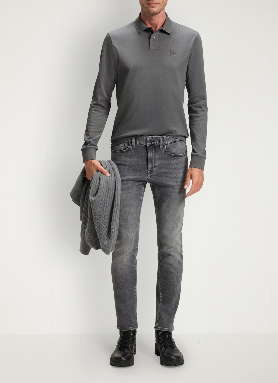 BOSS Slim fit polo van katoen - voorkant 2 middengrijs