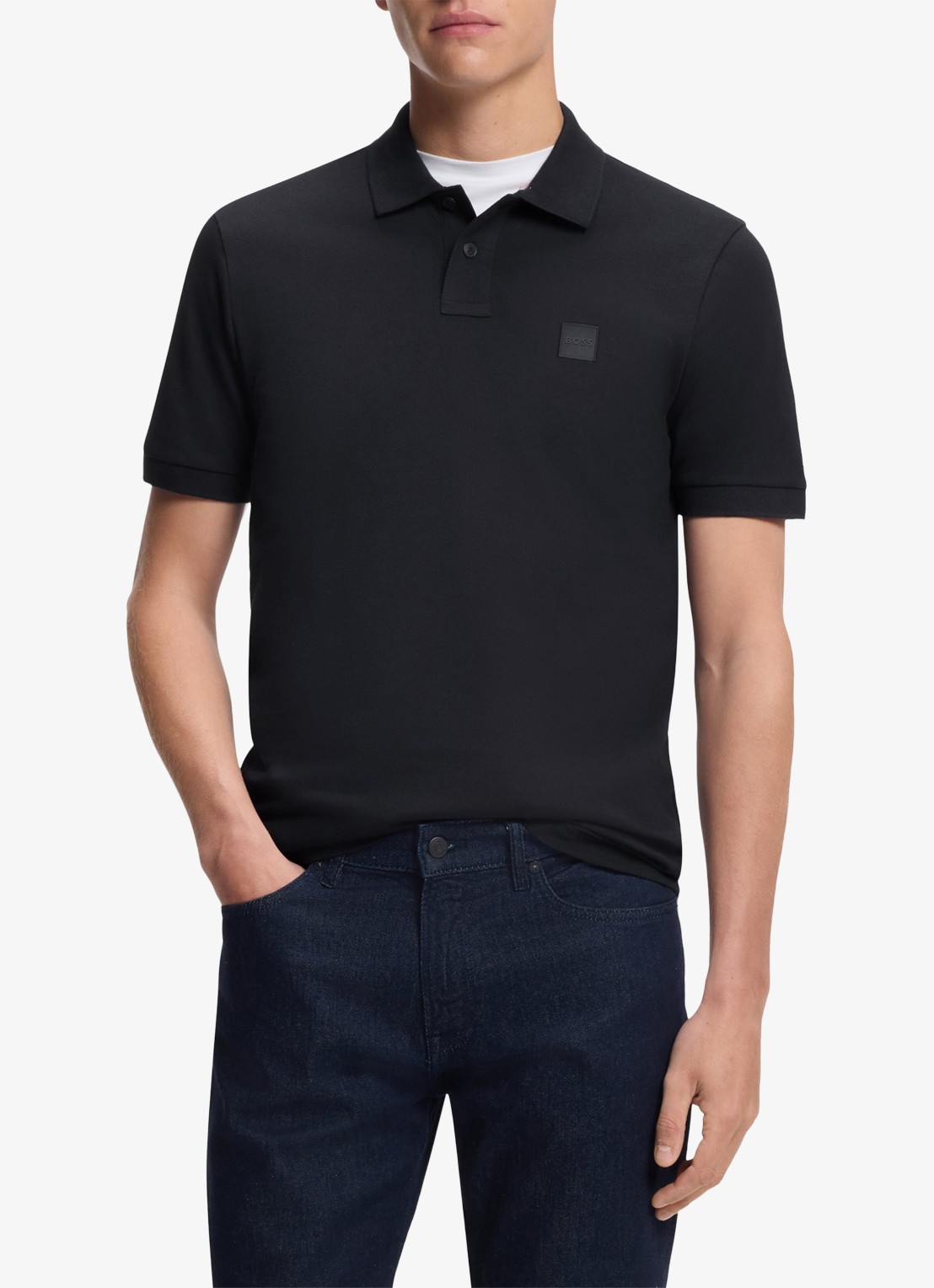 BOSS Slim-fit polo van stretchkatoen met logopatch - detail donkerblauw