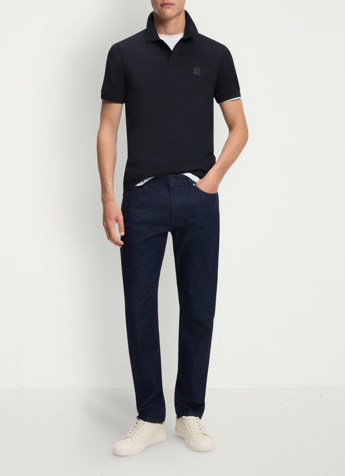 BOSS Slim-fit polo van stretchkatoen met logopatch - voorkant 3 donkerblauw
