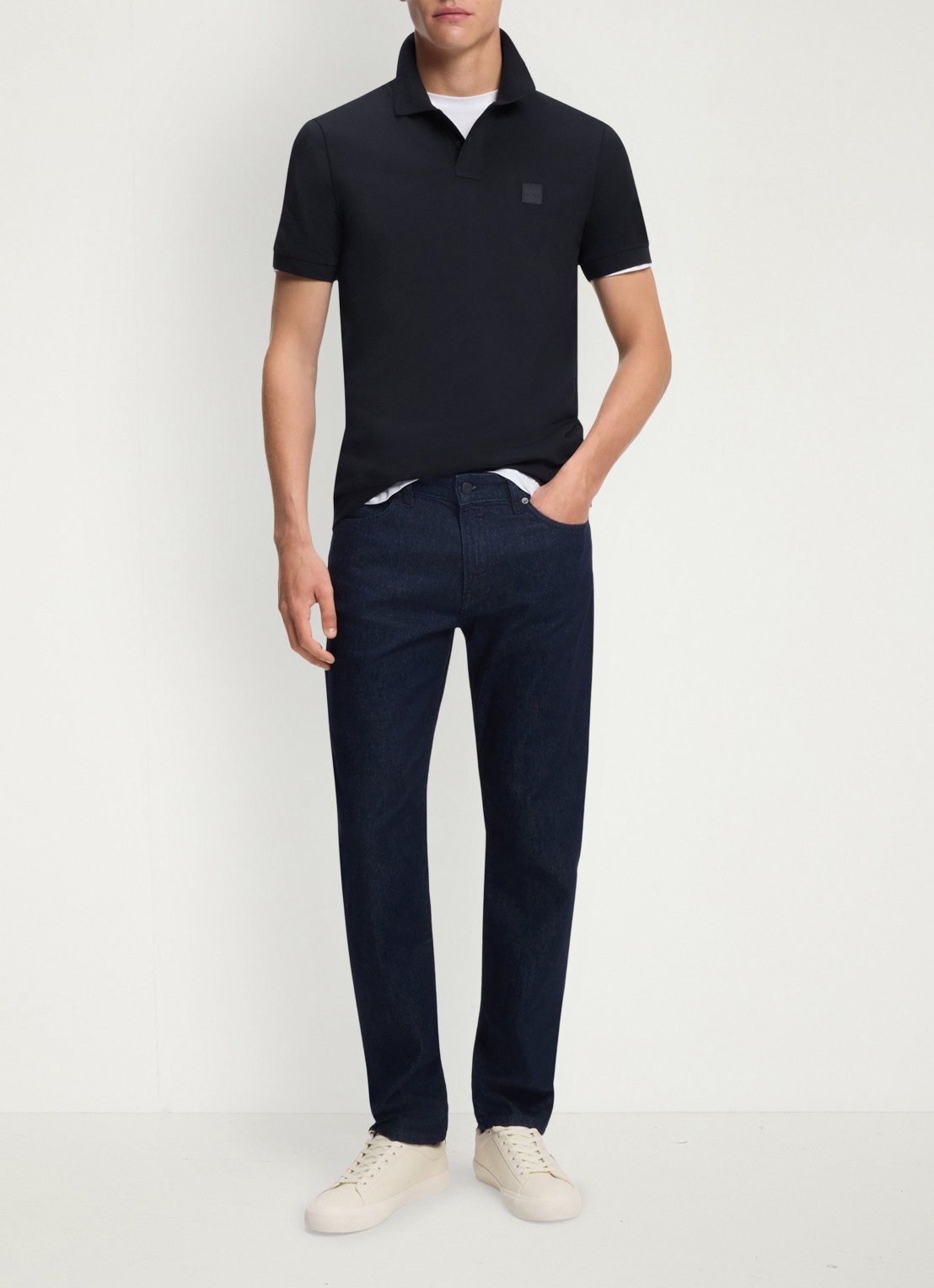 BOSS Slim-fit polo van stretchkatoen met logopatch - voorkant 5 donkerblauw