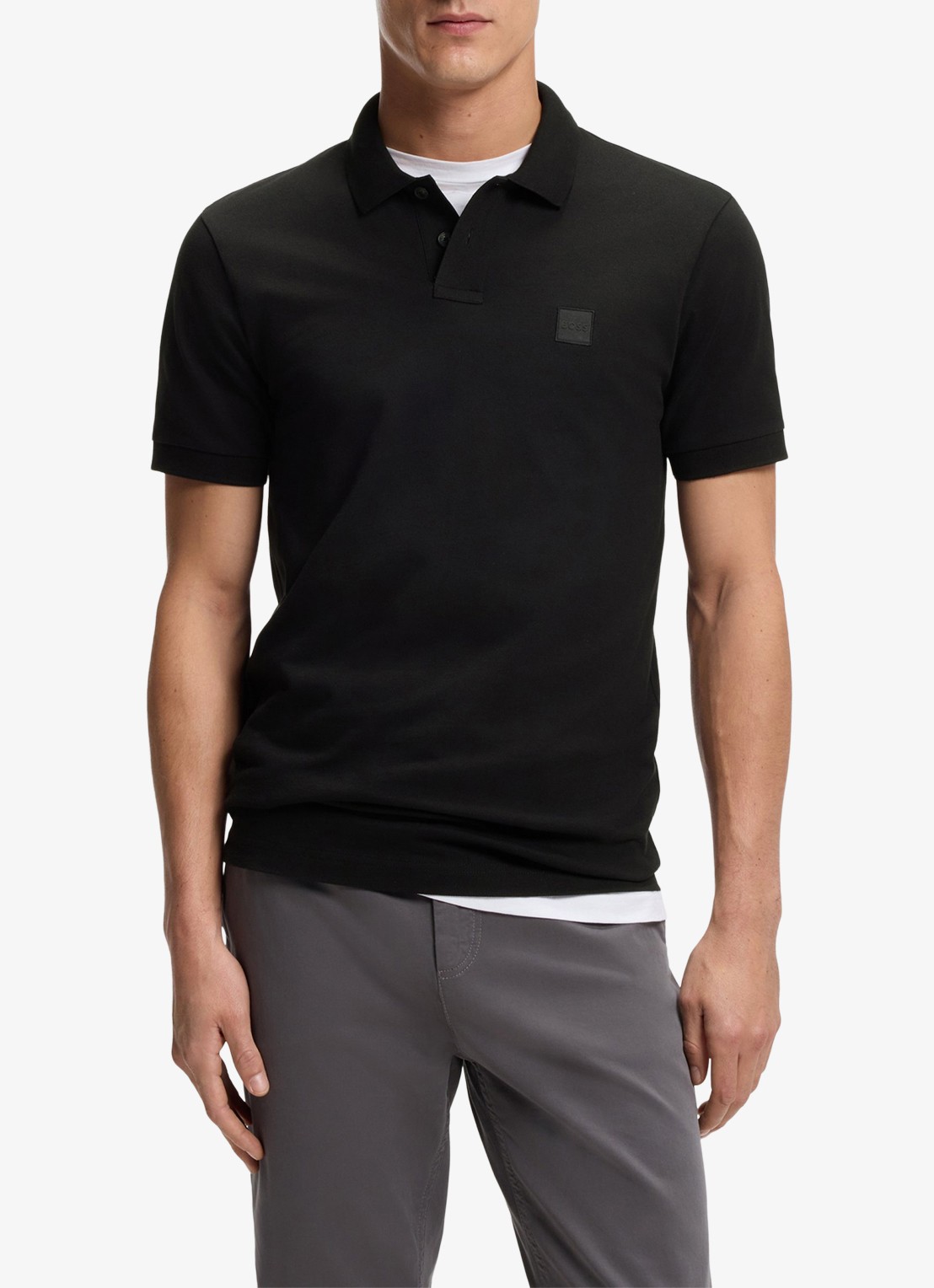 BOSS Slim-fit polo van stretchkatoen met logopatch - detail zwart
