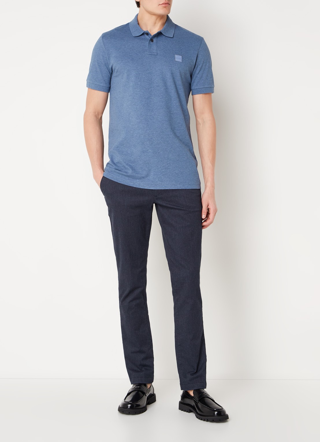 BOSS Slim-fit polo van stretchkatoen met logopatch - voorkant 6 staalblauw