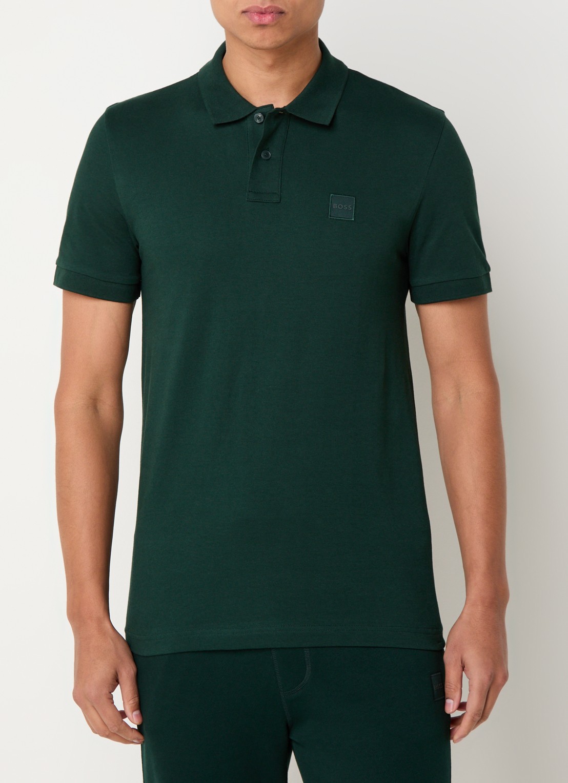BOSS Slim-fit polo van stretchkatoen met logopatch - detail donkergroen