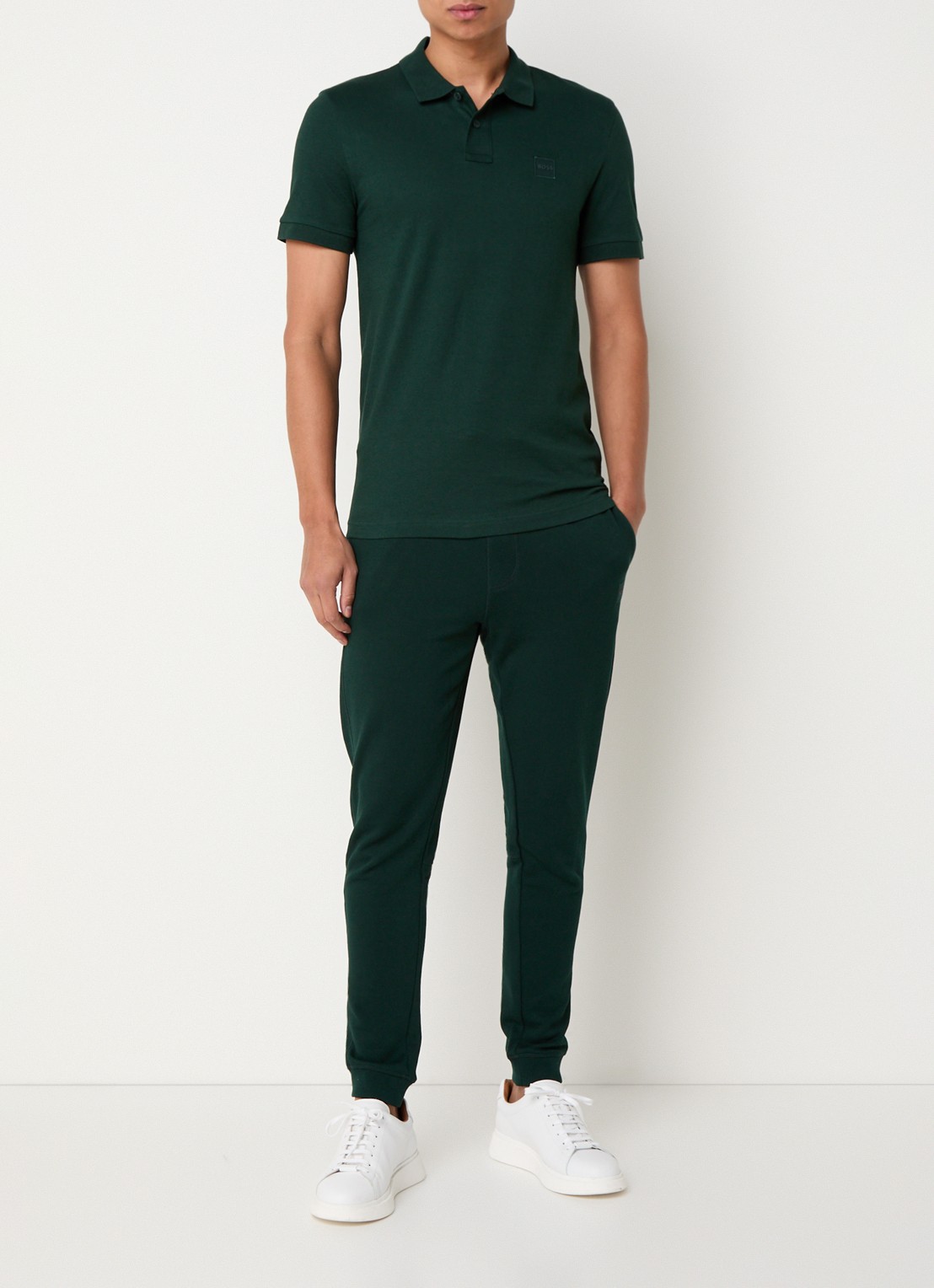 BOSS Slim-fit polo van stretchkatoen met logopatch - voorkant 3 donkergroen