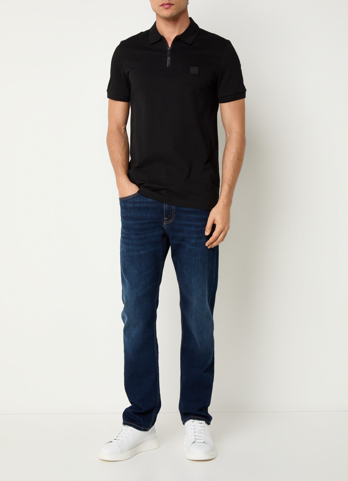 BOSS Slim-fit polo van stretchkatoen met logopatch - voorkant 2 black-001 / zwart