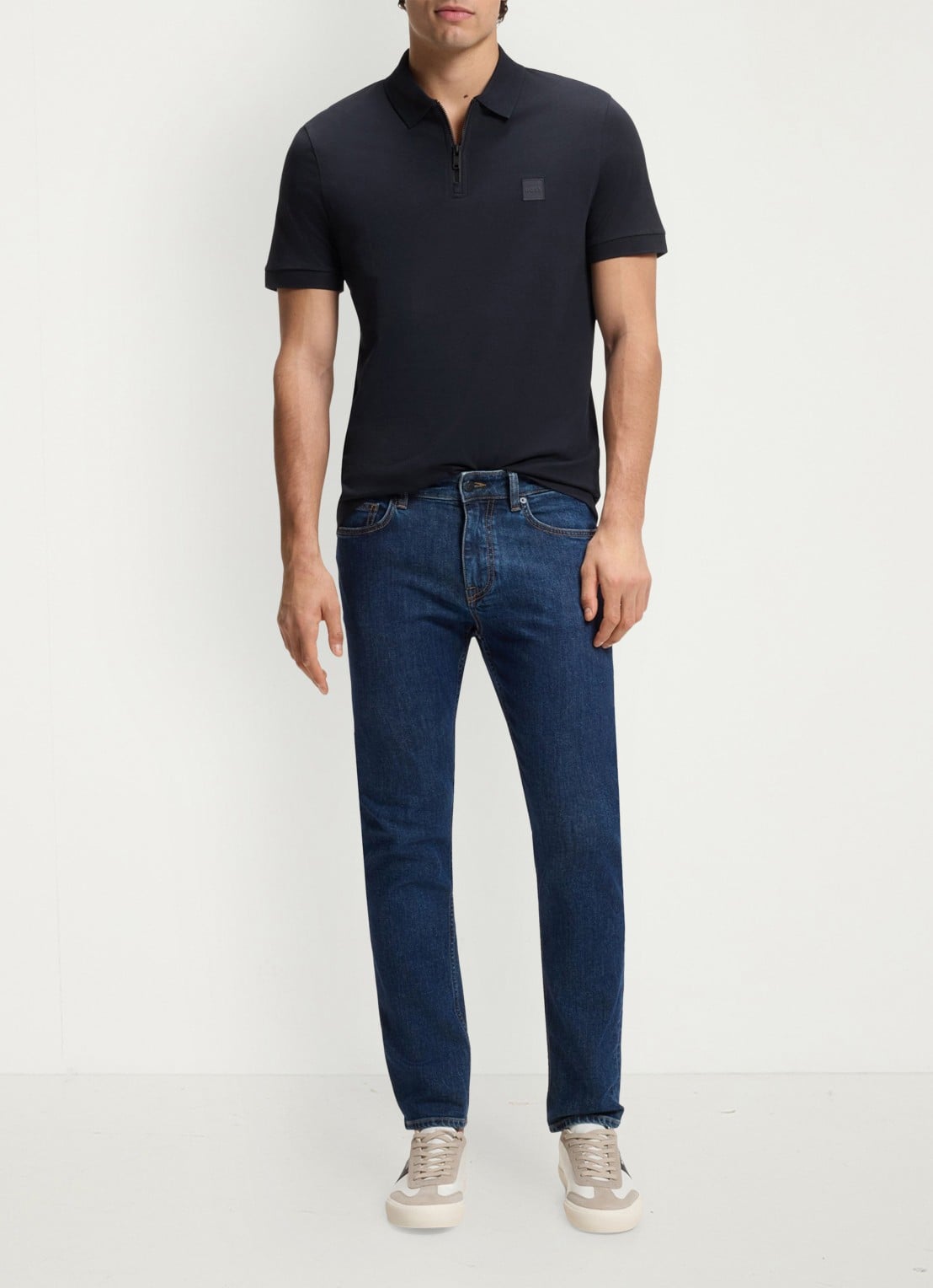 BOSS Slim-fit polo van stretchkatoen met logopatch - voorkant 2 dark blue-404 / blauw