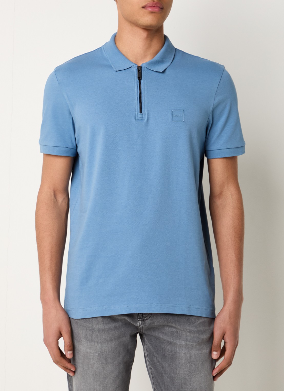 BOSS Slim-fit polo van stretchkatoen met logopatch - detail open blue-462 / blauw