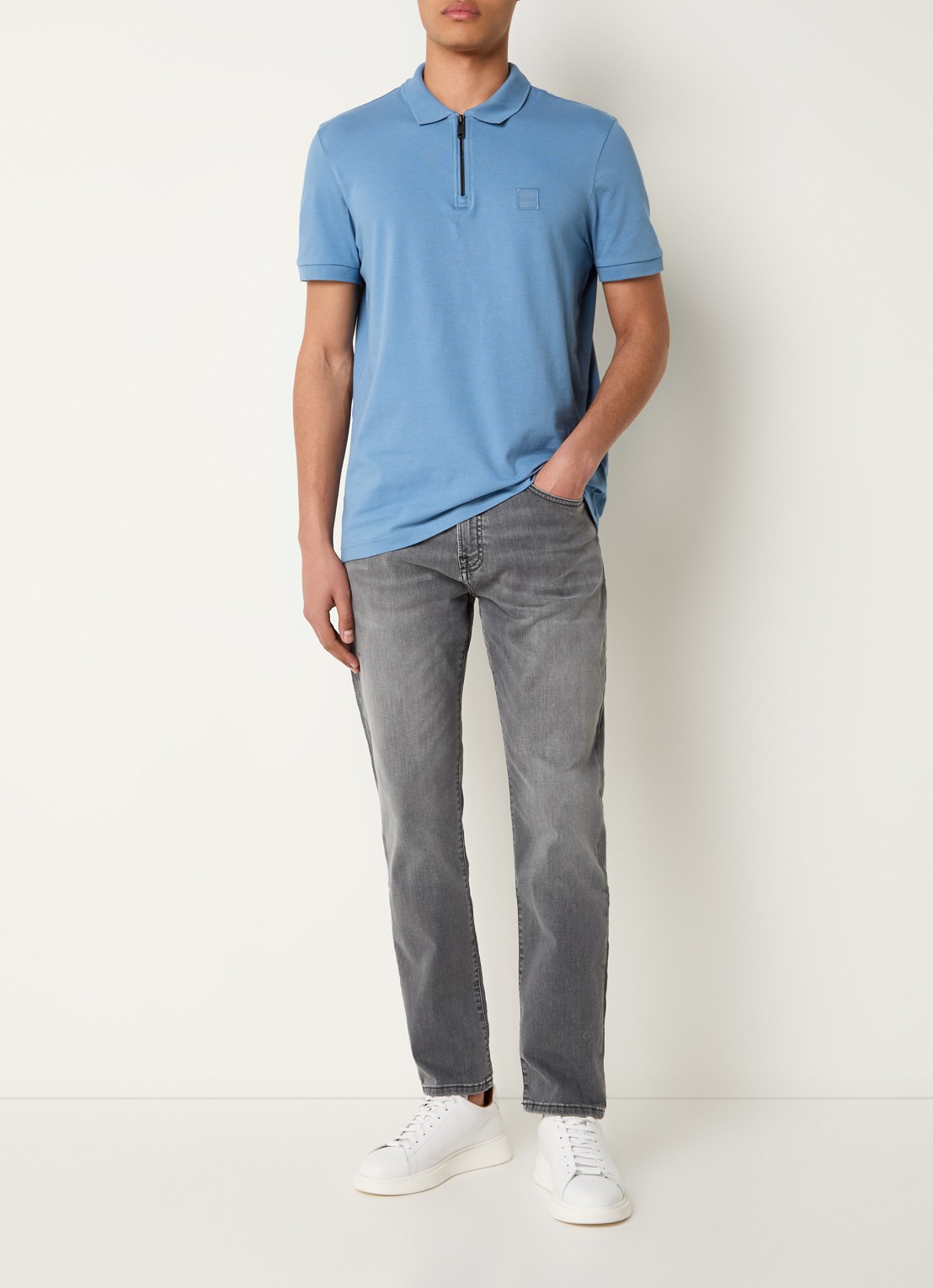 BOSS Slim-fit polo van stretchkatoen met logopatch - voorkant 3 open blue-462 / blauw
