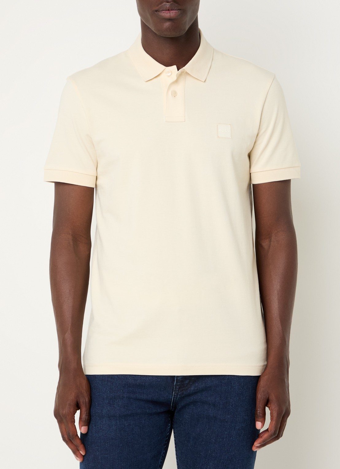 BOSS Slim-fit polo van stretchkatoen met logopatch - detail vanillegeel