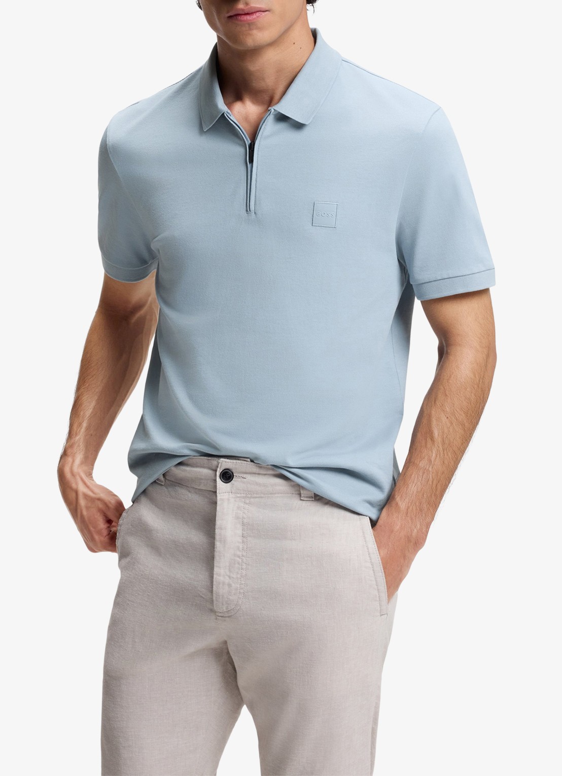 BOSS Slim-fit polo van stretchkatoen met logopatch - detail light/pastel blue-458 / blauw