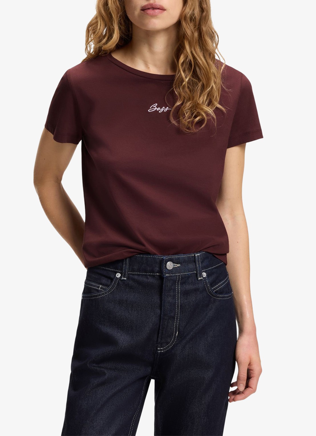 BOSS Slim-fit T-shirt van katoen met logostiksel - detail 4 roodbruin