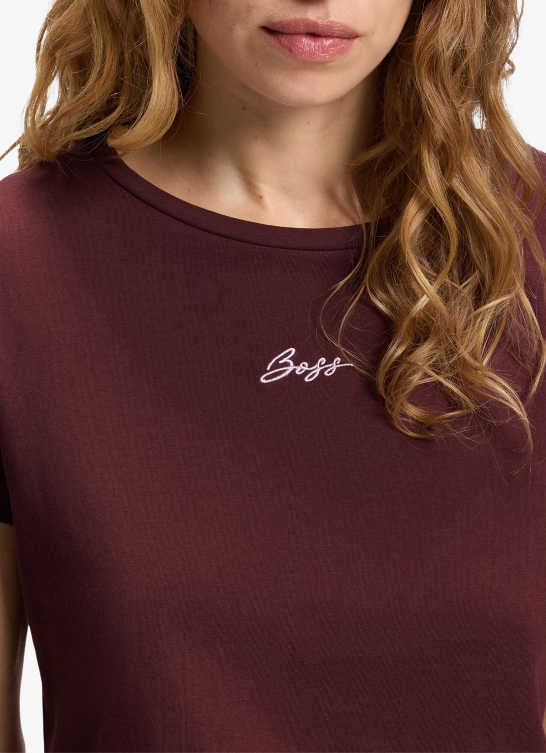 BOSS Slim-fit T-shirt van katoen met logostiksel - detail 5 roodbruin