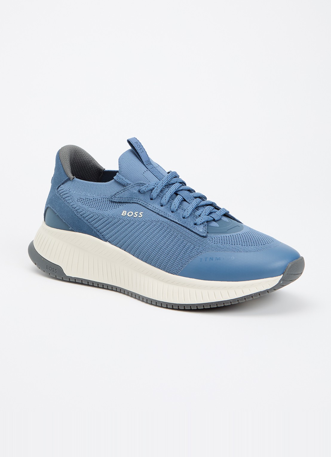 BOSS Sneaker met gebreid bovenwerk en suède details - voorkant petrol