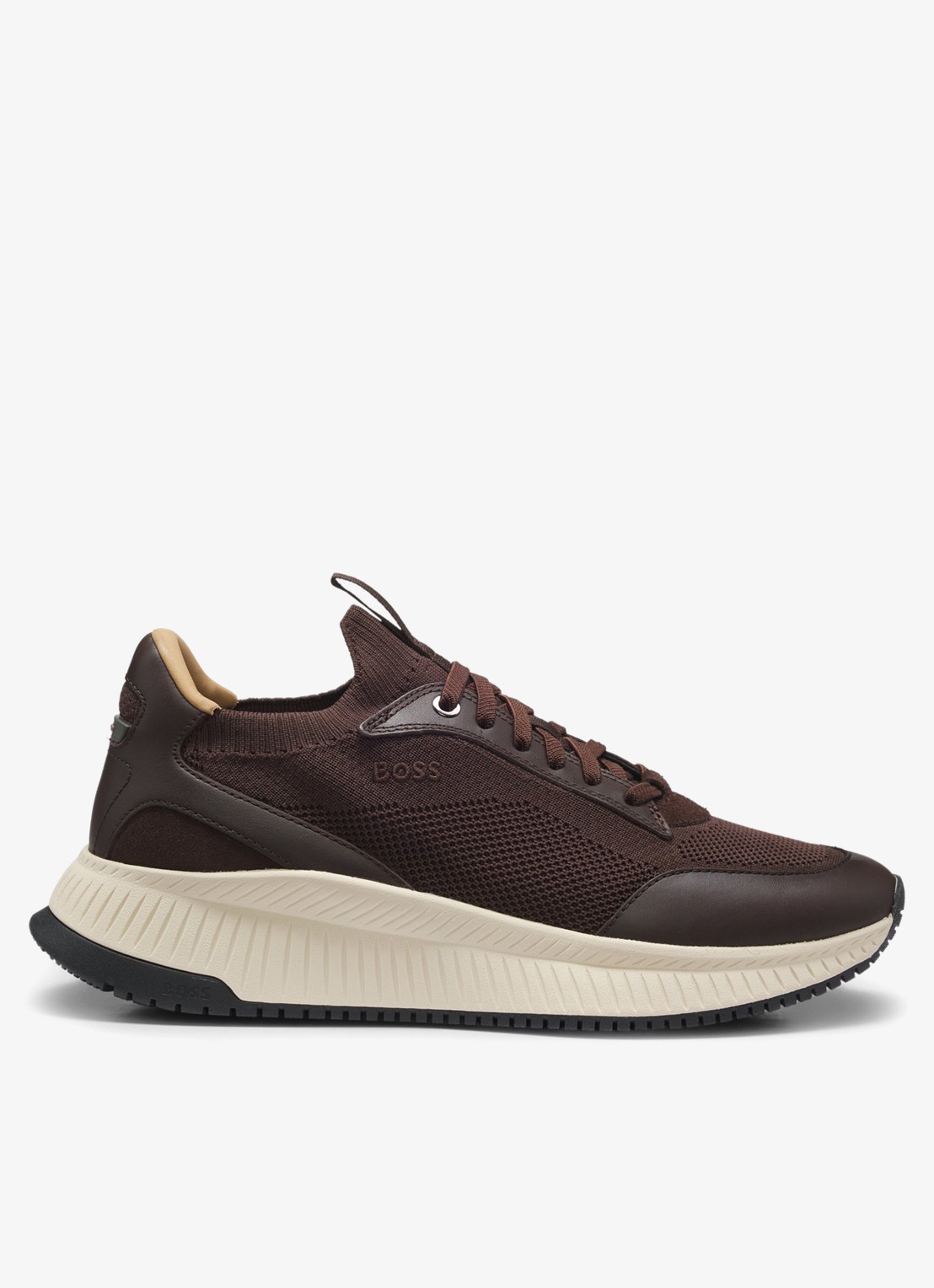 BOSS Sneaker met gebreid bovenwerk - voorkant donkerbruin