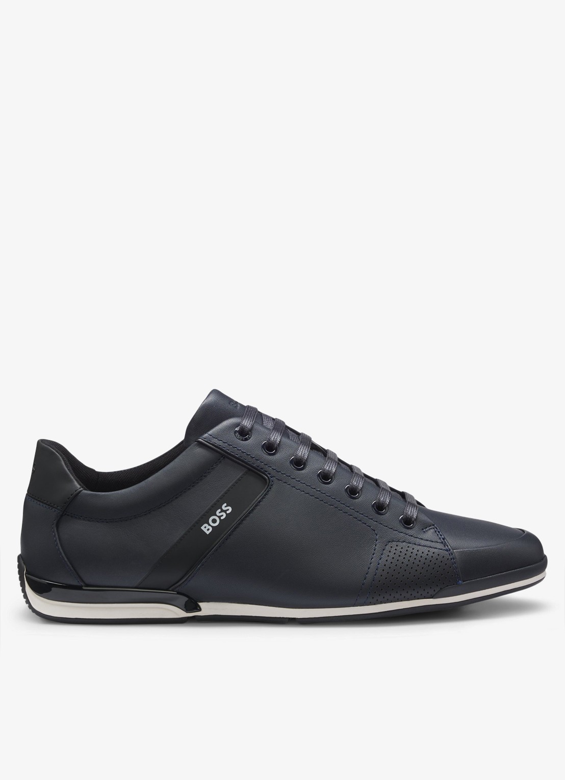 BOSS Sneaker van leer - voorkant 4 donkerblauw