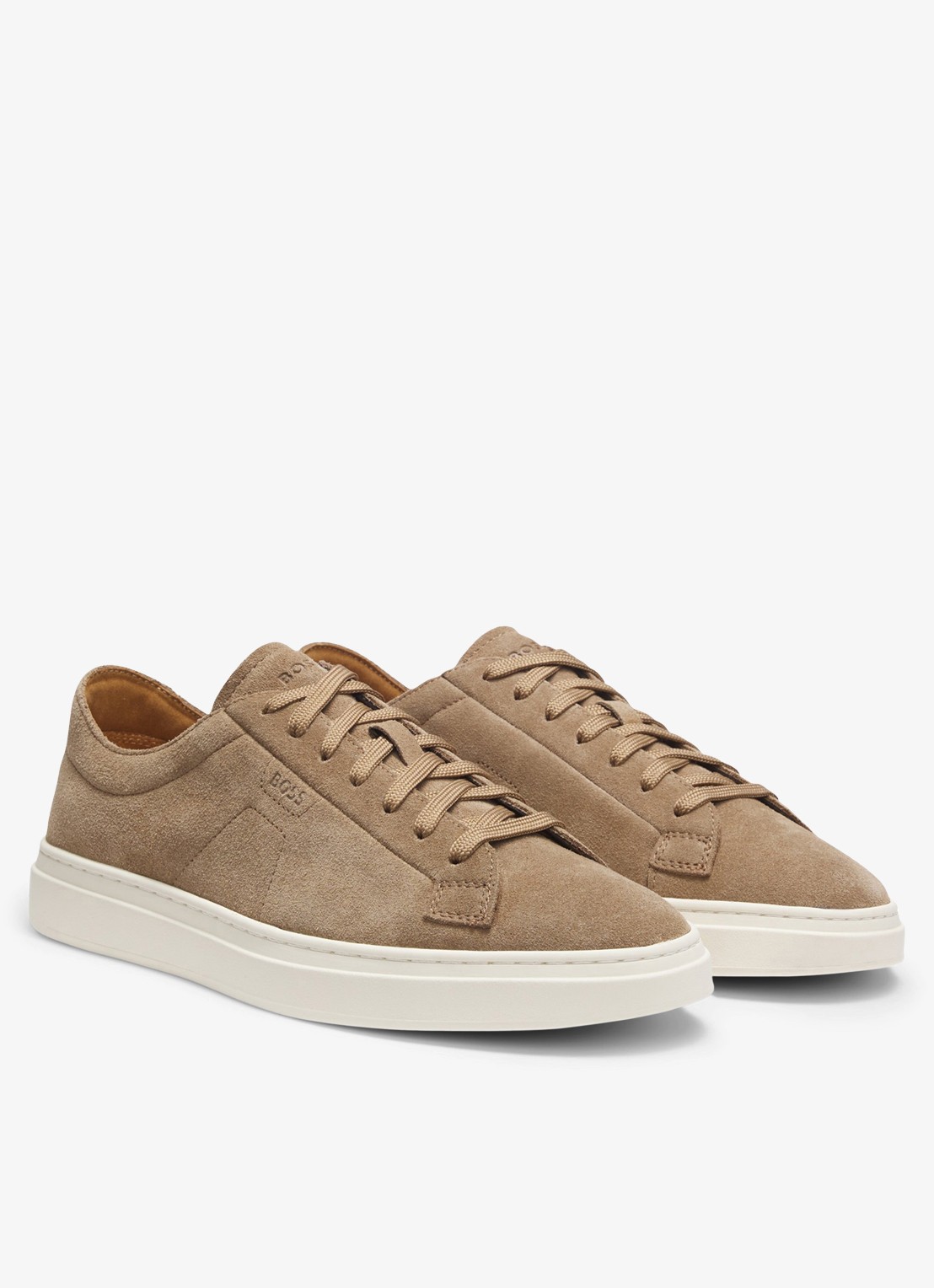 BOSS Sneaker van suède met logo  - voorkant 3 donkerbeige