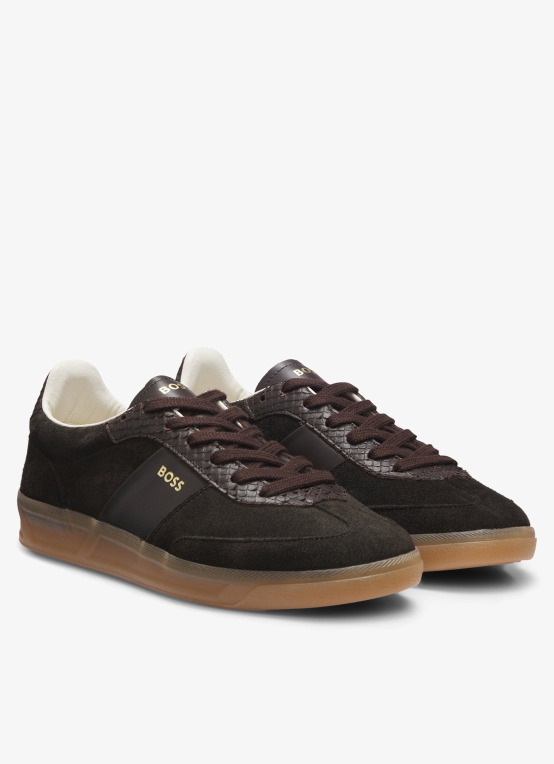 BOSS Sneakers van suède met leer details - detail donkerbruin