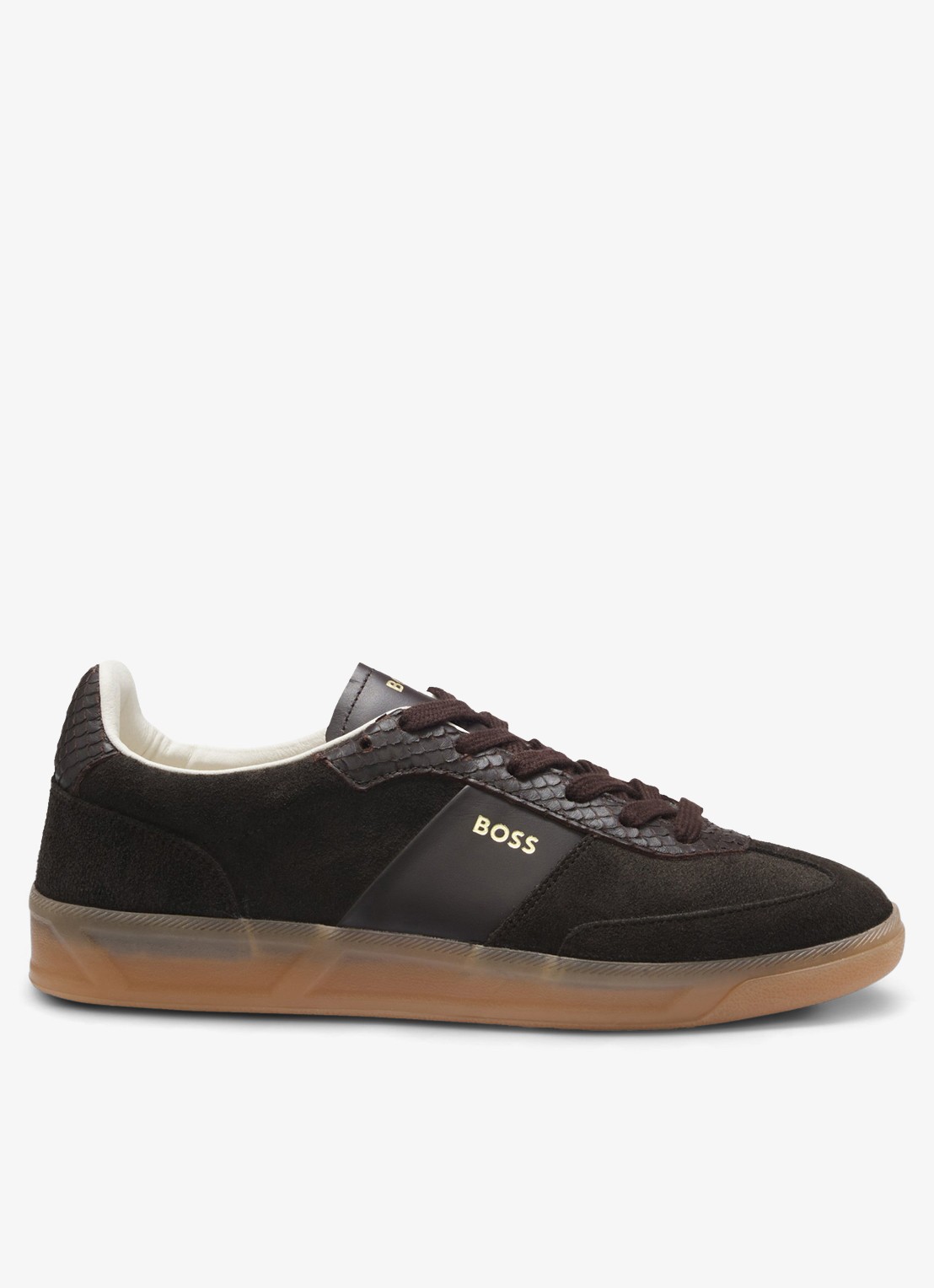 BOSS Sneakers van suède met leer details - voorkant 5 donkerbruin
