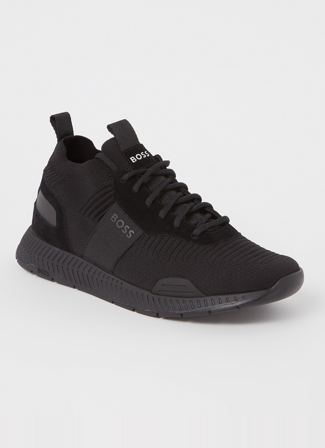 BOSS Sneakers van verschillende materialen met gebreide bovenzijde en suède details - voorkant 7 black-001 / zwart