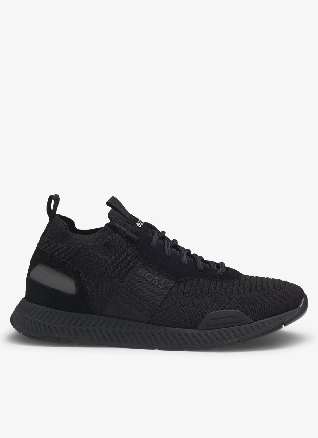 BOSS Sneakers van verschillende materialen met gebreide bovenzijde en suède details - voorkant 8 black-001 / zwart