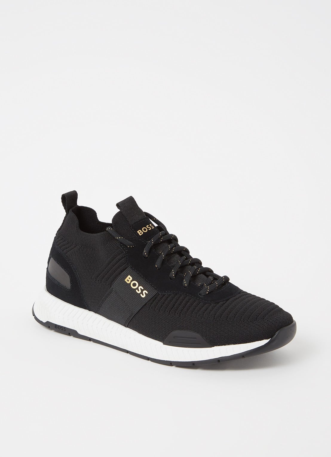 BOSS Sneakers van verschillende materialen met gebreide bovenzijde en suède details - voorkant 5 black-007 / zwart